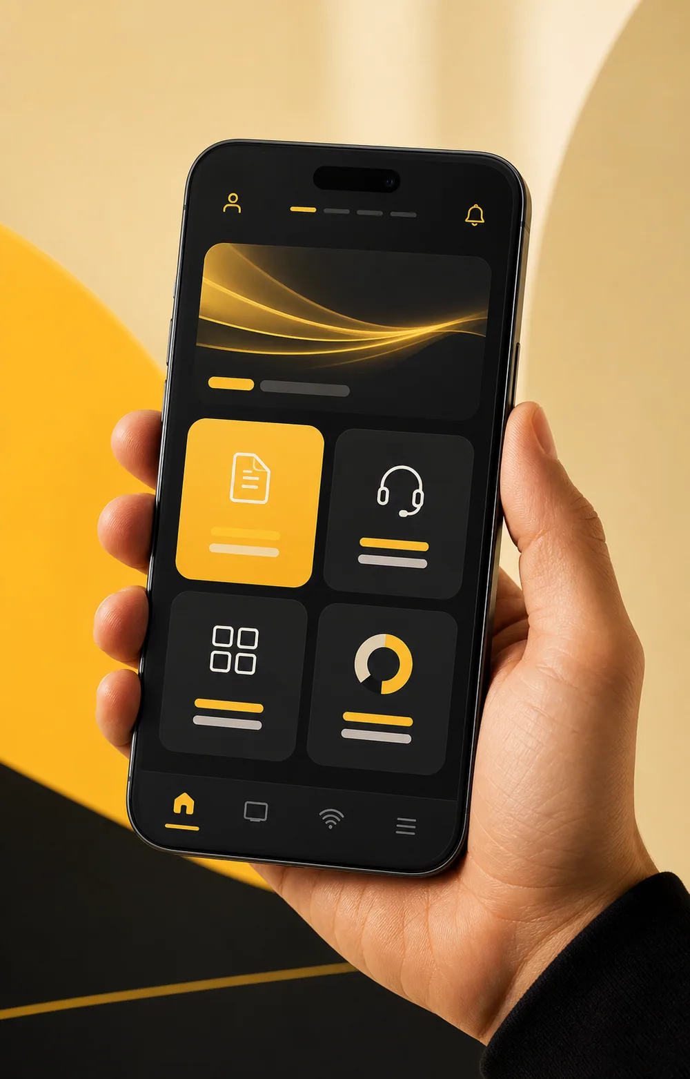 Celular exibindo uma interface demonstrativa do aplicativo IN9VE